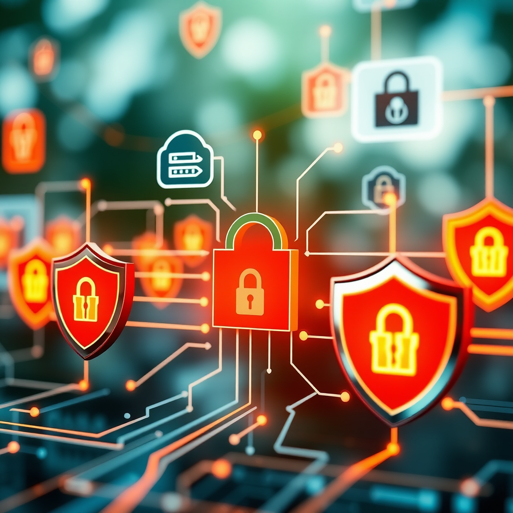 Digital security concept showing network protection with firewall icons, encrypted data streams, and security shields protecting against cyber threats and data breaches