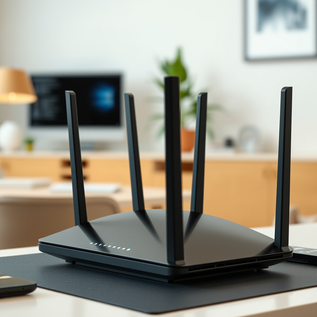 Modern Wi-Fi 7 router with advanced security features, LED indicators showing secure connection status, placed on a desk in a contemporary home office setting