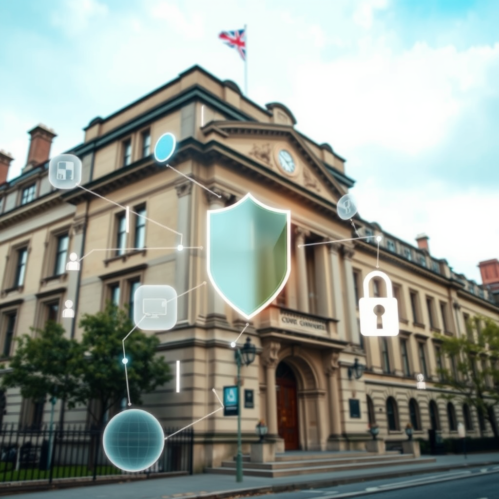 UK Government building with digital cybersecurity shield icons and network protection symbols overlaid, representing new small business security guidelines
