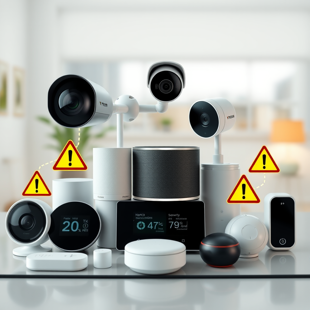 Multiple smart home IoT devices including security cameras, smart thermostats, voice assistants, and connected sensors arranged on a modern home network setup with warning symbols indicating security vulnerabilities