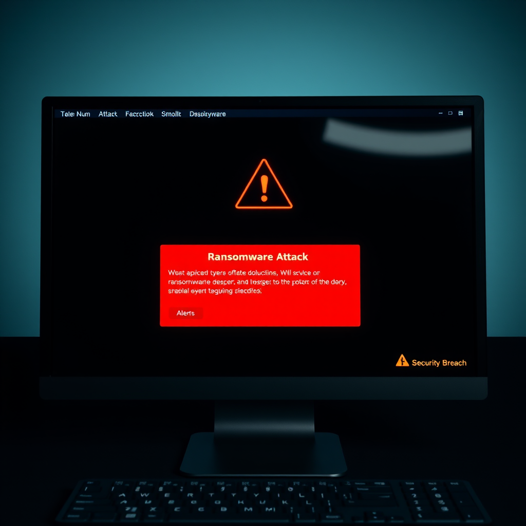 Computer screen showing cybersecurity warning with ransomware attack notification, featuring red alert symbols and security breach indicators on a dark background