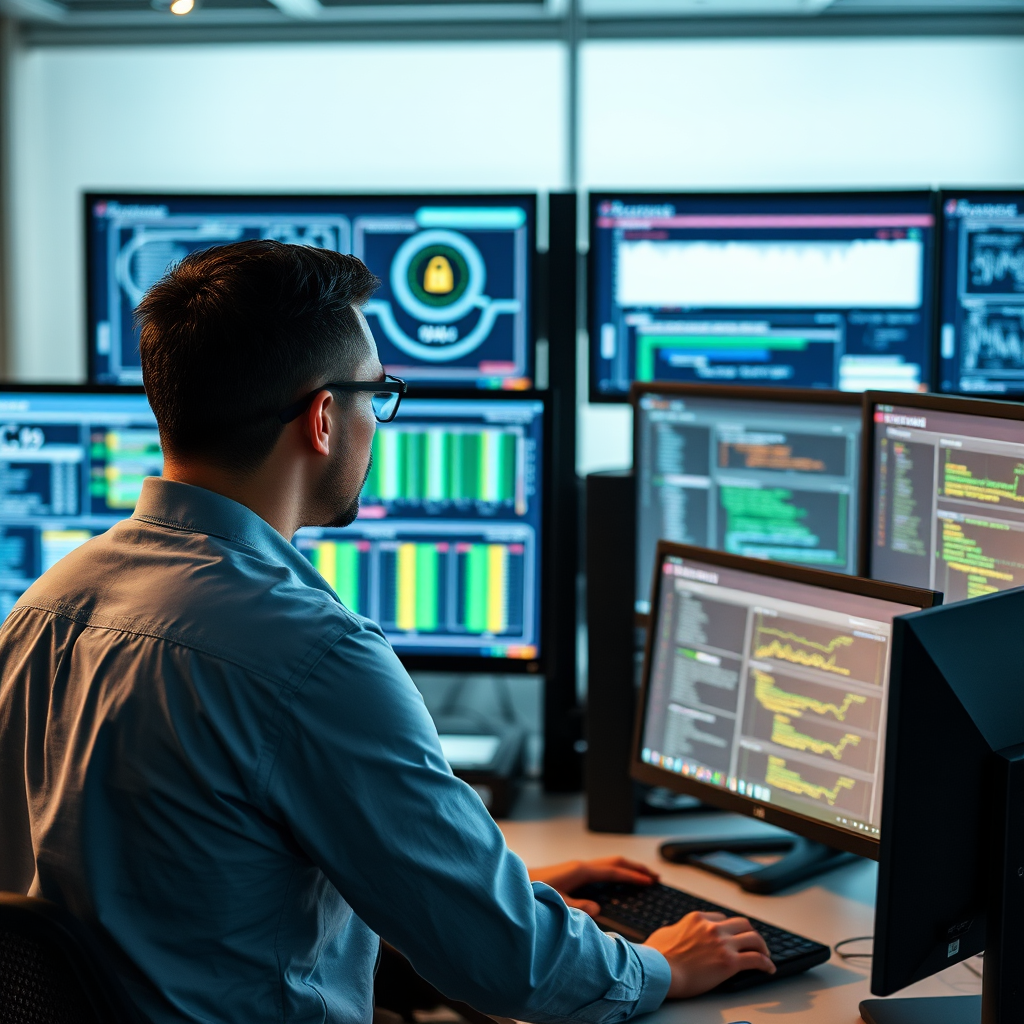 Professional network security assessment showing cybersecurity expert analyzing network infrastructure with multiple monitors displaying security dashboards, vulnerability scans, and firewall configurations in a modern IT operations center