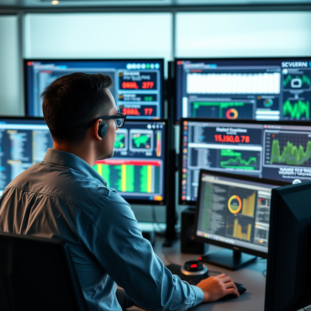 Professional cybersecurity expert analyzing network infrastructure on multiple monitors showing firewall configurations, security dashboards, and vulnerability assessment tools in a modern security operations center