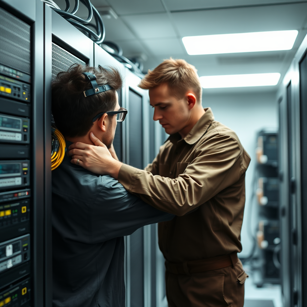 Professional technician installing enterprise-grade firewall hardware in a modern server room with multiple network cables and security equipment