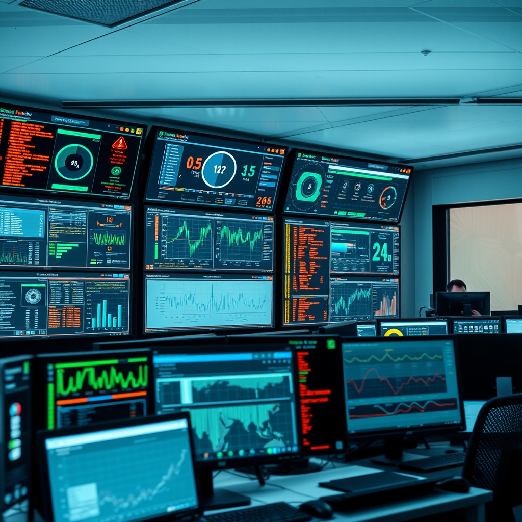 Modern network operations center with multiple monitors displaying real-time network monitoring dashboards, security alerts, and system performance metrics in a professional cybersecurity environment