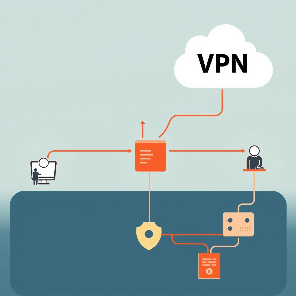 Professional VPN network diagram showing encrypted tunnels connecting remote workers to secure local network infrastructure with authentication protocols and firewall protection