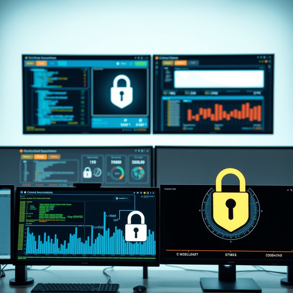 Advanced encryption technology dashboard showing secure data protection protocols and encryption algorithms in action on multiple computer screens