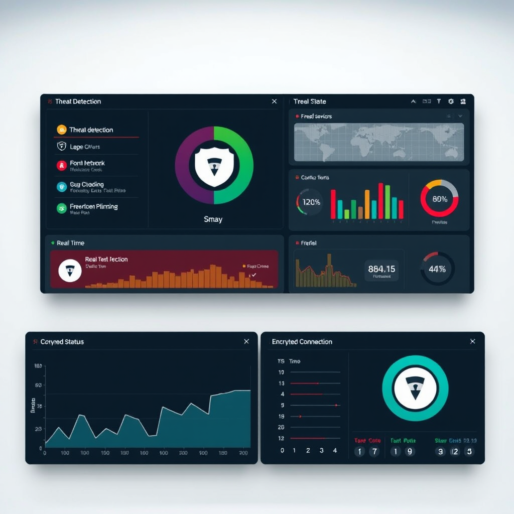 Professional network security monitoring dashboard displaying real-time threat detection, firewall status, and encrypted connection statistics