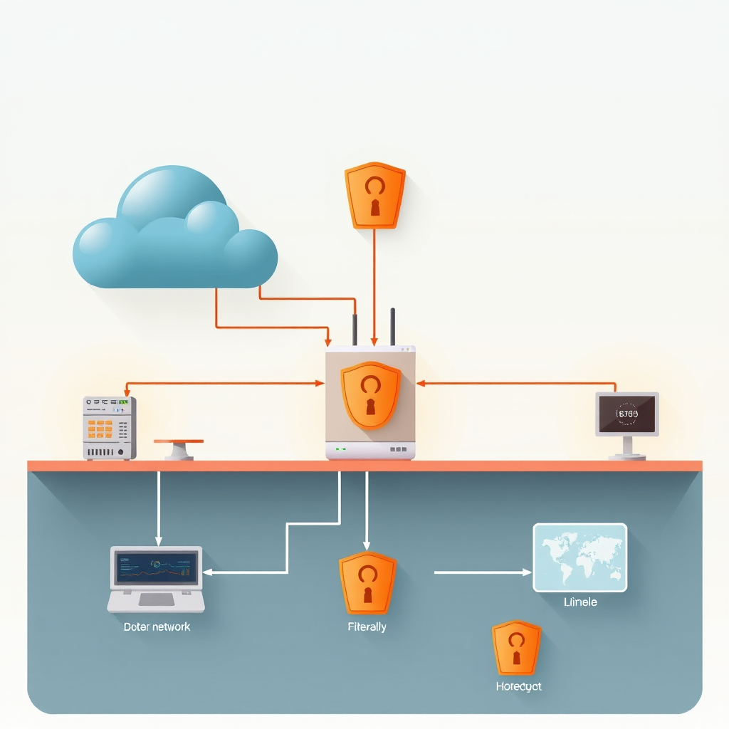 Modern network security infrastructure diagram showing secure local network setup with advanced firewalls, encryption protocols, and monitoring systems protecting against cyber threats
