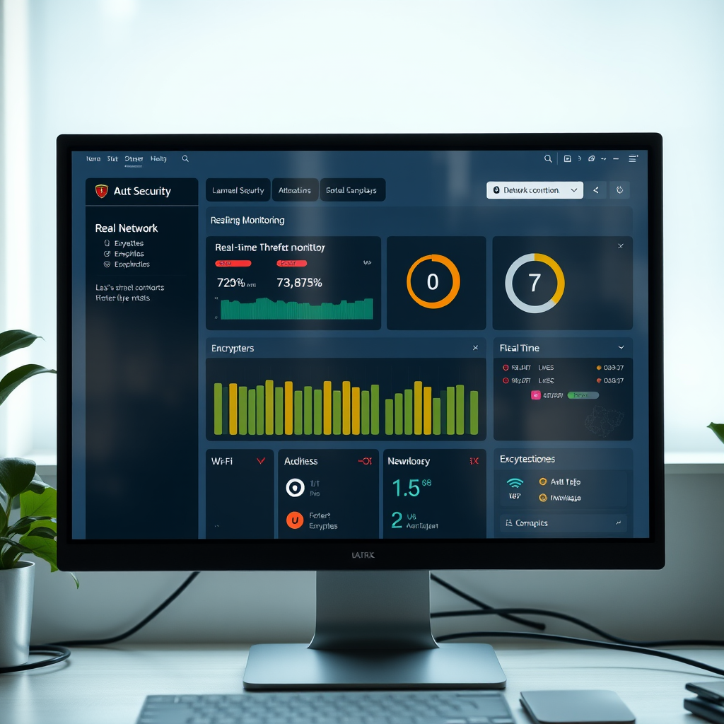 Computer screen displaying a network security dashboard with real-time threat monitoring, encryption status indicators, and Wi-Fi 7 connection details