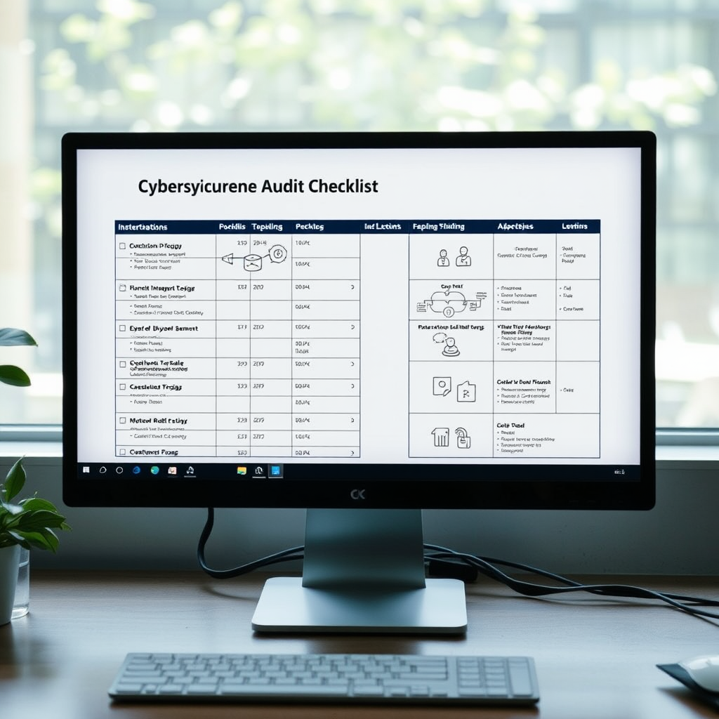 Computer screen displaying a cybersecurity audit checklist with network diagrams and security assessment tools for small business network protection