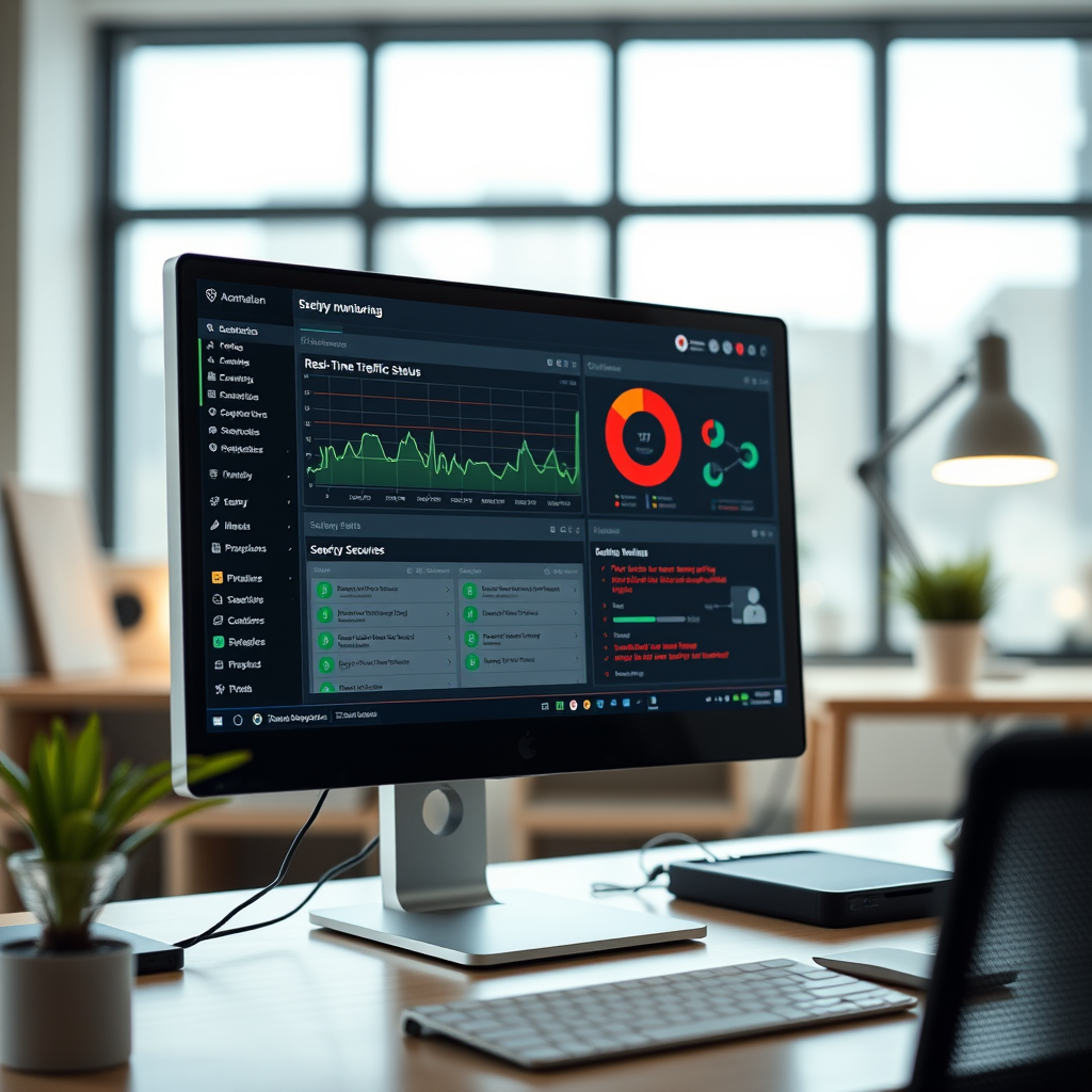 Computer screen displaying network security monitoring dashboard with real-time traffic analysis, firewall status, and IoT device security alerts in a modern home office setting