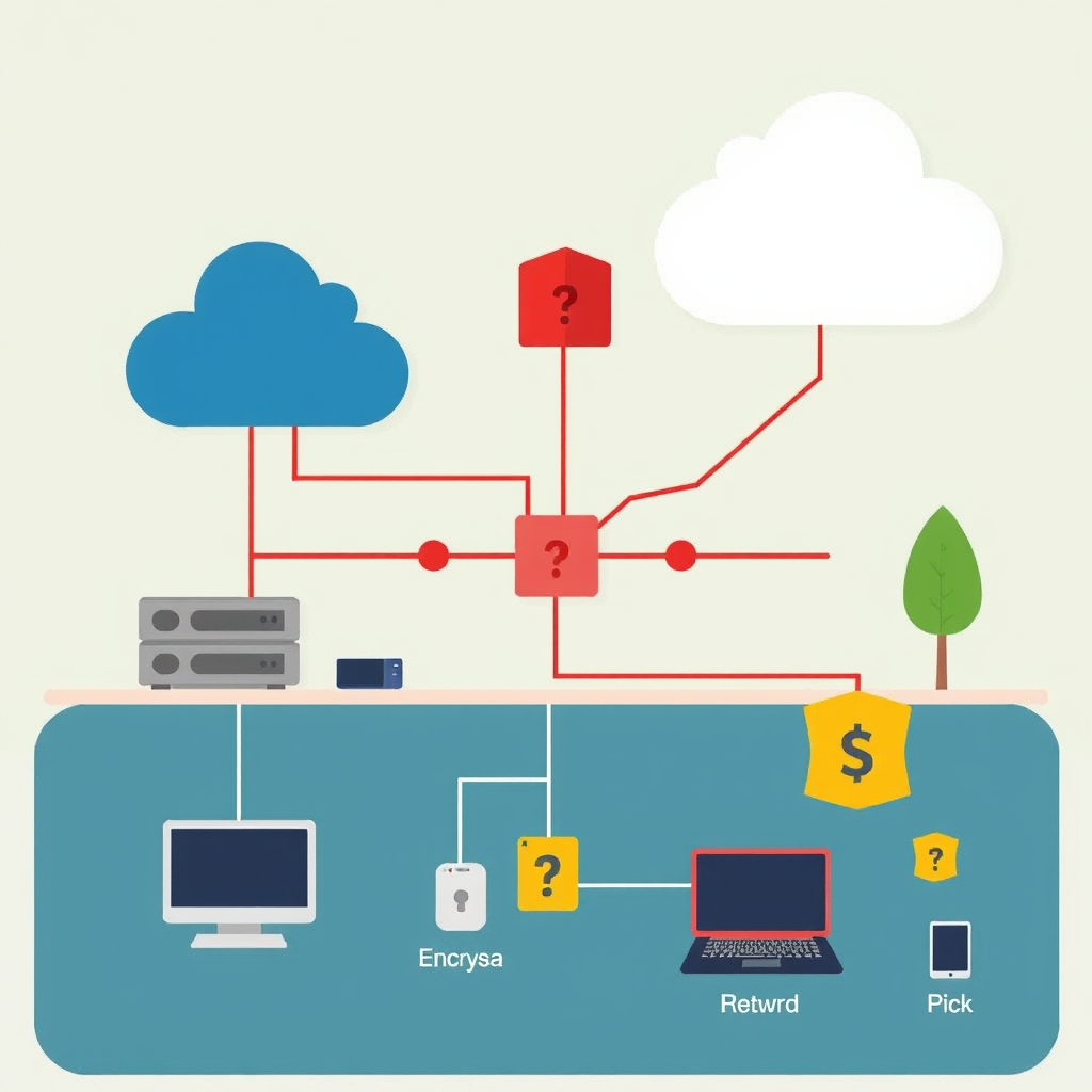 Network security diagram showing a secure local network setup with firewall protection, encrypted connections, and multiple security layers protecting home office devices