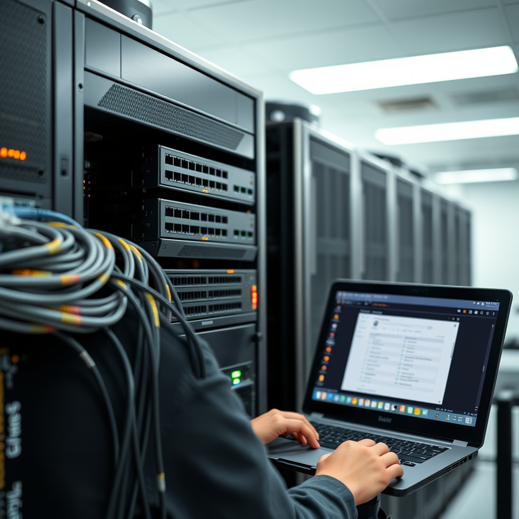 Enterprise firewall installation showing network technician configuring advanced firewall hardware with multiple ethernet cables, LED status indicators, and security configuration interface on laptop screen in professional server room environment