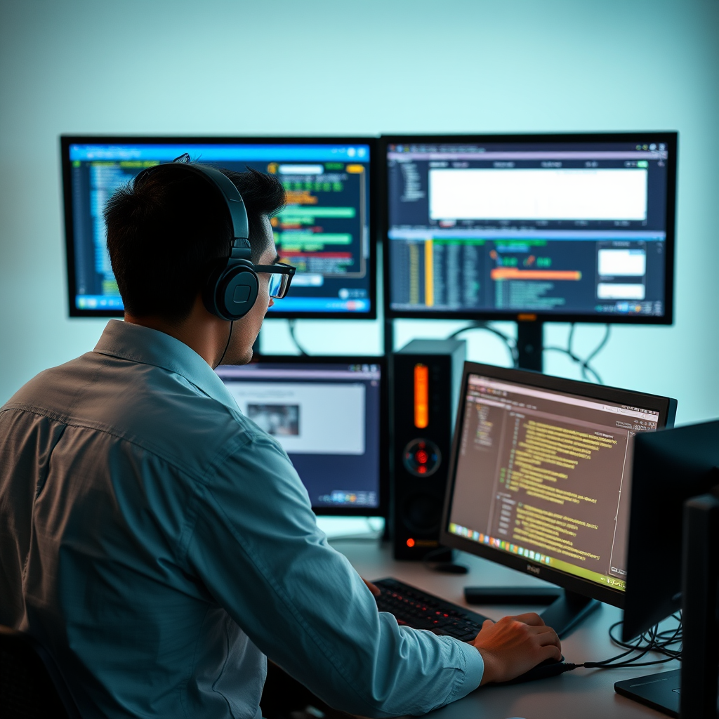 Cybersecurity specialist conducting penetration testing on a secure network setup with multiple screens showing network traffic analysis, vulnerability scanning tools, and security testing frameworks