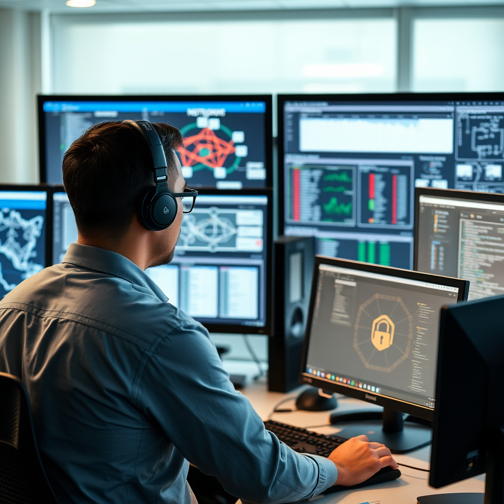 Network administrator configuring firewall settings on multiple monitors showing network topology diagrams and security dashboards in a professional IT environment