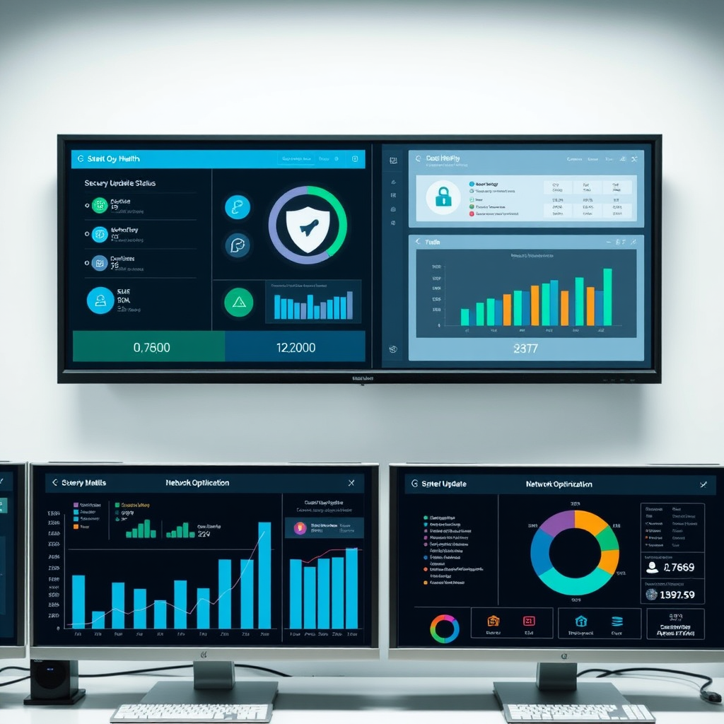 Professional network maintenance dashboard showing system health metrics, security update status, backup verification results, and performance optimization charts on multiple computer screens