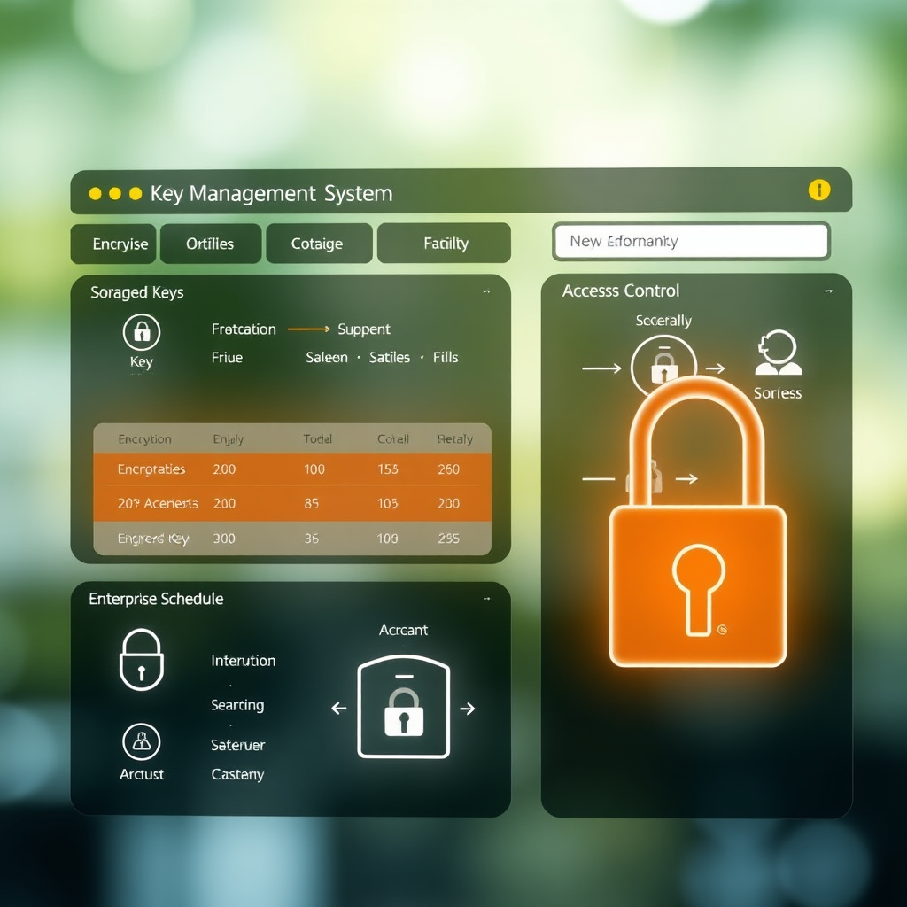 Secure key management system interface displaying encrypted key storage, rotation schedules, and access control mechanisms for enterprise security