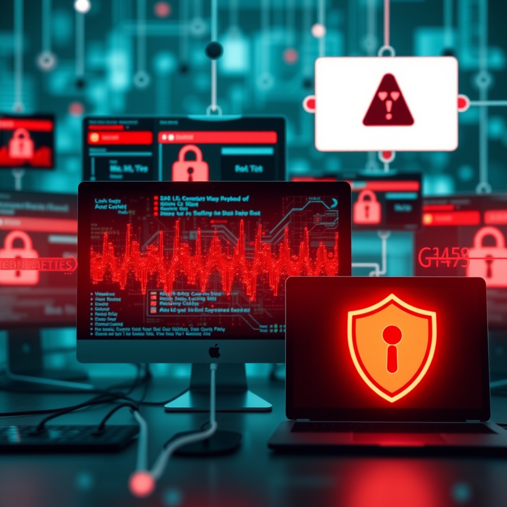 Digital security breach visualization showing network vulnerabilities with red warning indicators, computer screens displaying security alerts, and data protection symbols highlighting the critical need for robust local network security measures