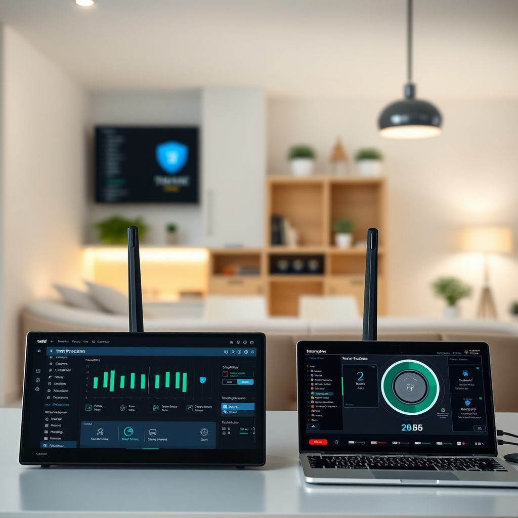 Professional secure home network installation showing modern router with advanced security features, encrypted connections, and monitoring dashboard displaying real-time threat protection status
