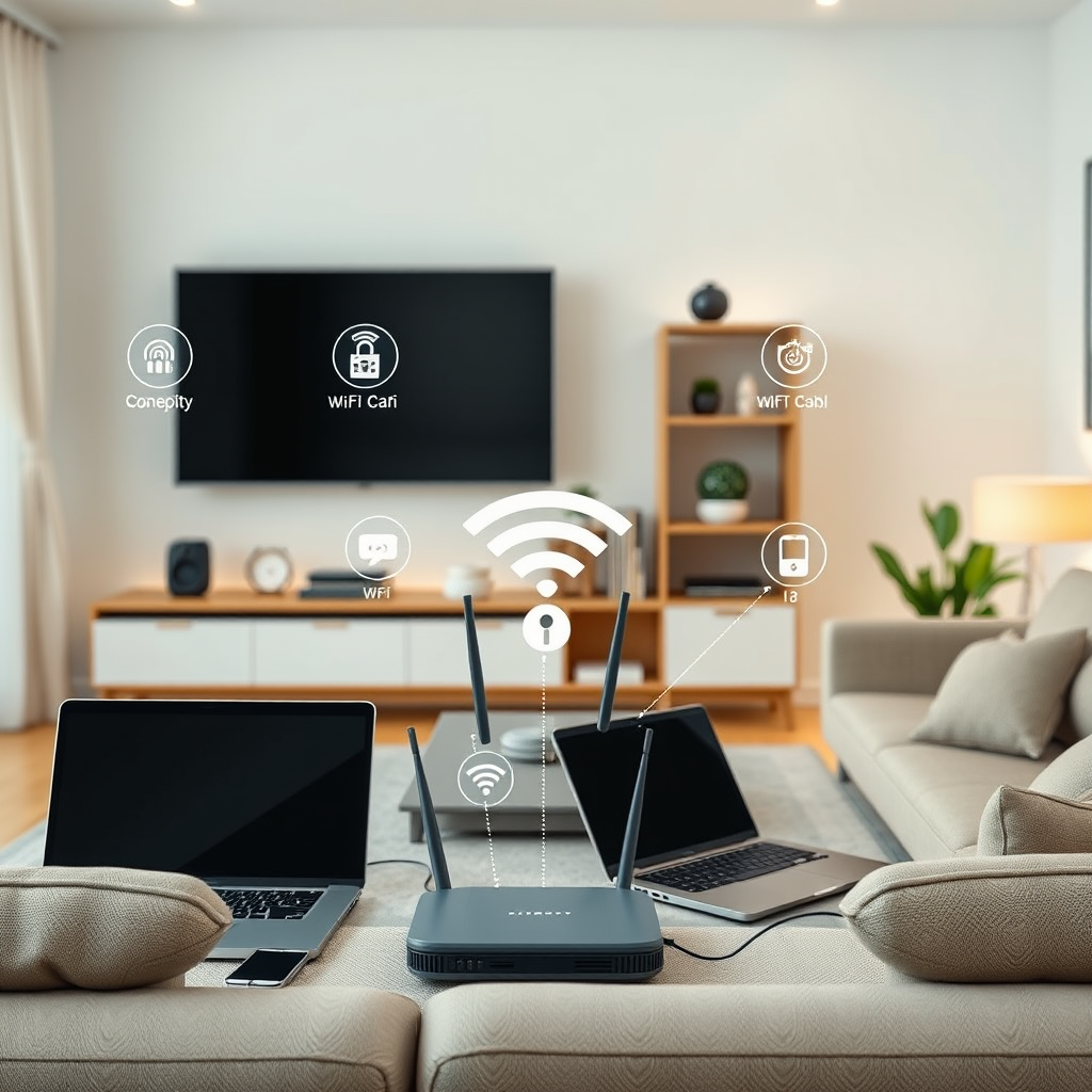 Modern home with multiple connected devices including smartphones, laptops, smart TV, and IoT devices all securely connected through Wi-Fi 7 router with visible security indicators