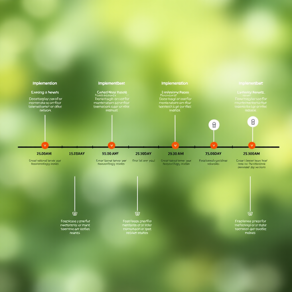 Professional timeline chart showing six-month implementation phases for small business network security measures with milestone markers and security icons