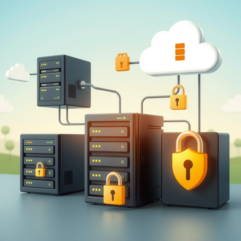 Modern backup security system showing multiple storage devices, cloud connections, and automated backup processes protecting business data with encryption symbols and security locks