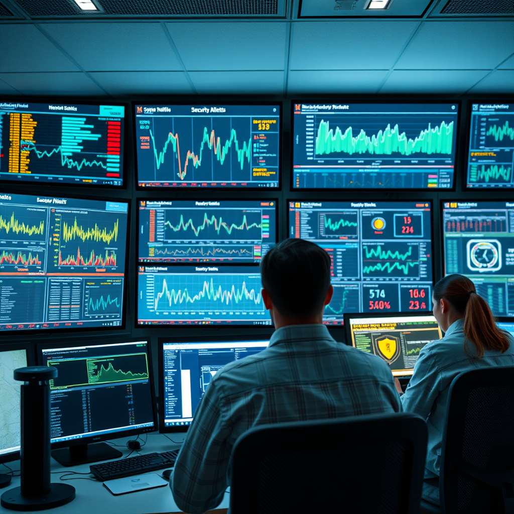 Network operations center with multiple large monitors displaying real-time network traffic analytics, security alerts, system performance graphs, and threat detection dashboards with IT specialists monitoring secure local network infrastructure around the clock