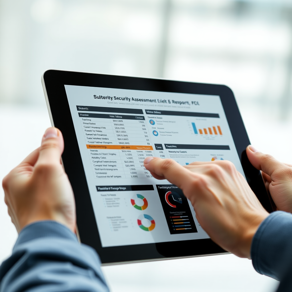 Professional security assessment report displayed on tablet showing detailed vulnerability analysis, risk ratings, and actionable security recommendations with charts and graphs