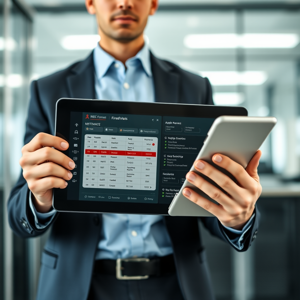 Professional network security expert in business attire holding a tablet showing firewall configuration interface with network security metrics and status indicators