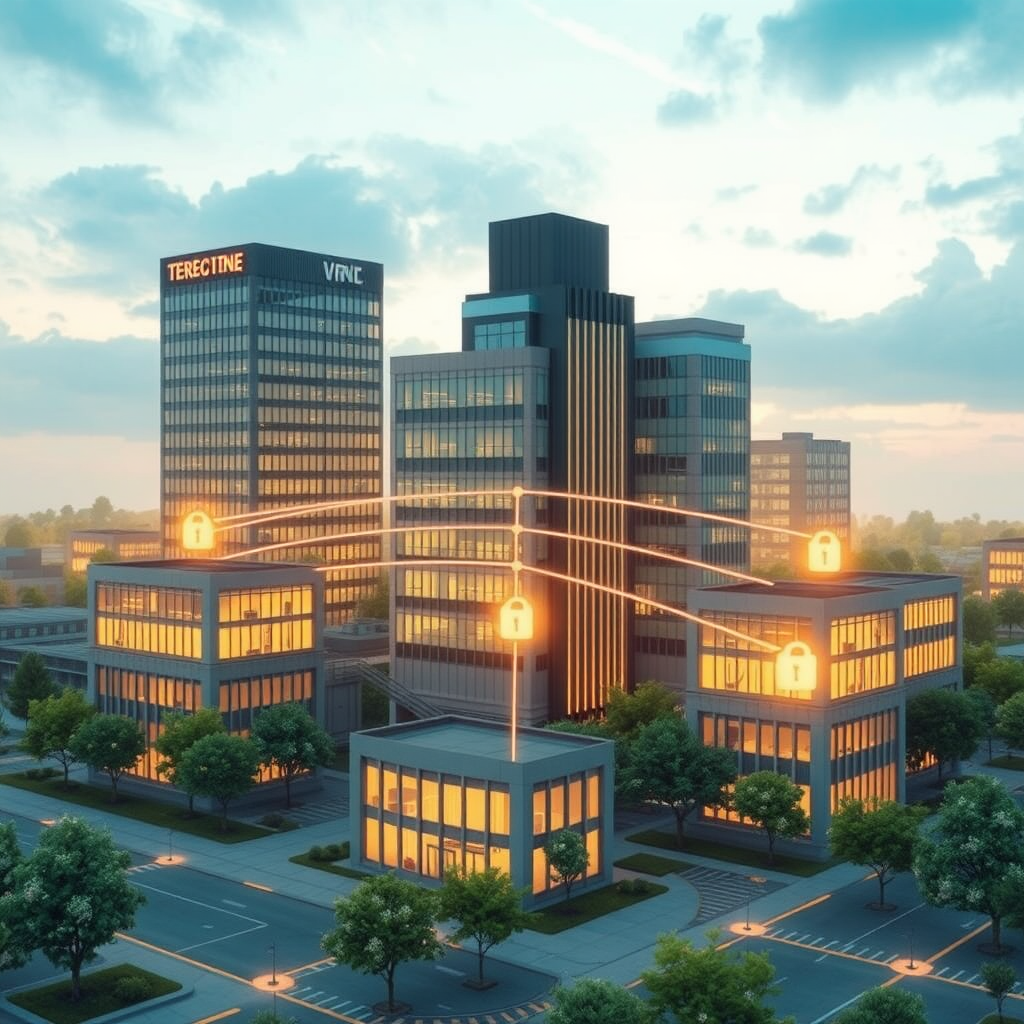 Multiple branch office buildings connected through secure VPN tunnels to main headquarters showing encrypted data flow and secure local network integration across geographic locations