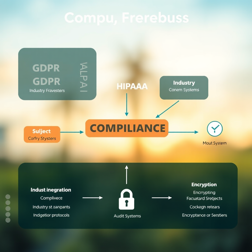 Compliance security framework visualization showing GDPR, HIPAA, and industry standards integration with encryption protocols and audit systems