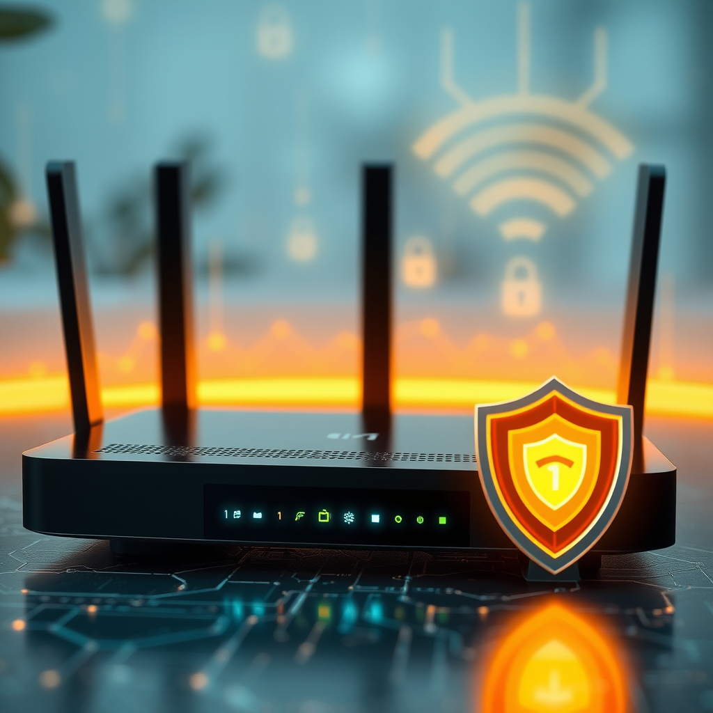 Modern Wi-Fi 7 router with advanced security features, glowing network signals, shield icons representing enhanced protection, and futuristic technology elements showcasing the latest wireless security innovations for home and business networks