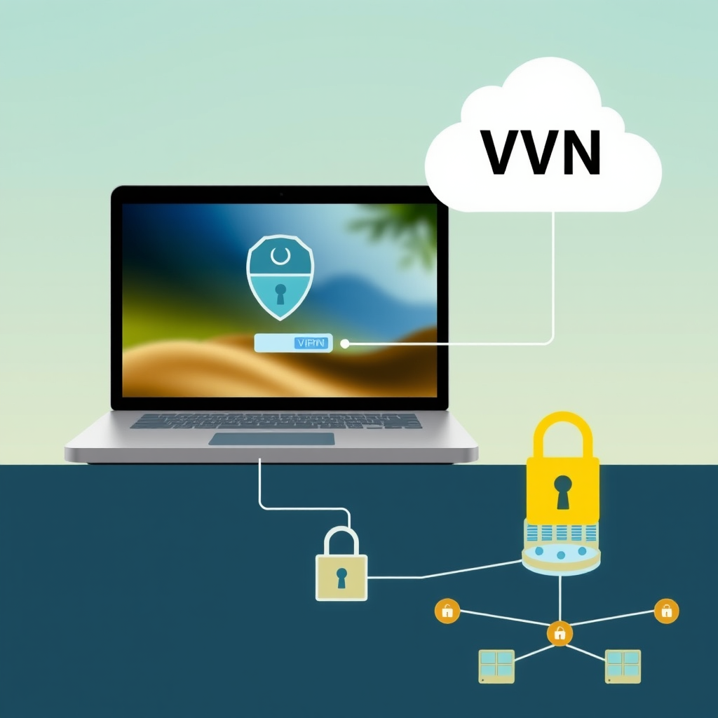 Secure VPN connection visualization showing laptop with VPN interface connected through encrypted tunnel to local network infrastructure, with digital security icons, lock symbols, and network topology diagram illustrating remote access protection