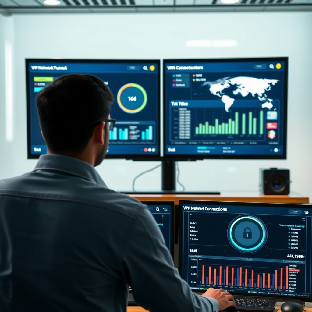 Network administrator monitoring VPN connections dashboard showing real-time secure local network access statistics, user connections, and encrypted tunnel status with security metrics