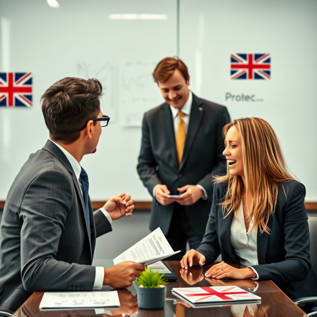 Professional business meeting with government officials and cybersecurity experts discussing network protection guidelines, documents with security protocols, UK flag elements, and small business owners learning about secure local network implementation strategies