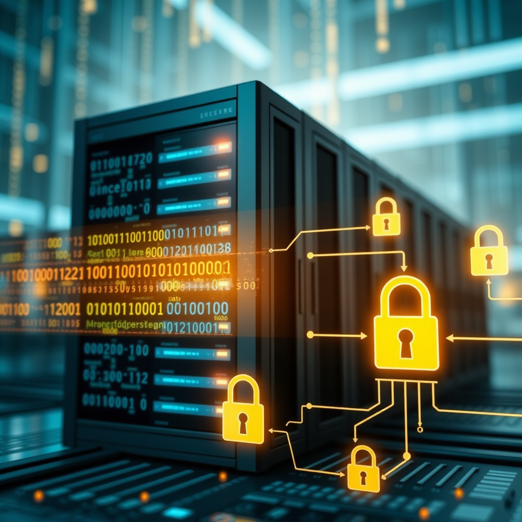 Advanced data encryption visualization showing secure server with digital encryption keys, binary code streams, padlock symbols, and encrypted data flow diagrams representing military-grade security protocols protecting sensitive information on local network systems